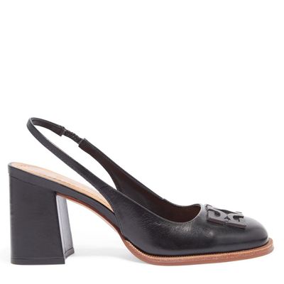 Scarpin Slingback Couro Preto Salto Bloco