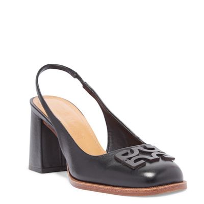 Scarpin Slingback Couro Preto Salto Bloco
