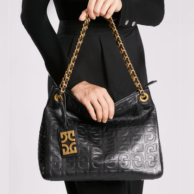 Bolsa Hobo Preta Couro Alça De Ombro Corrente