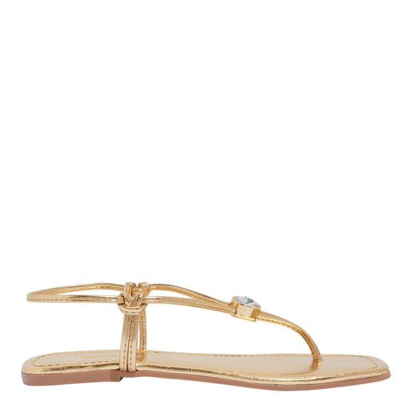 Rasteira Metalizada Dourada Pedraria Bico Quadrado