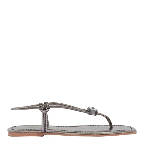 Rasteira Metalizada Prata Pewter Pedraria Bico Quadrado