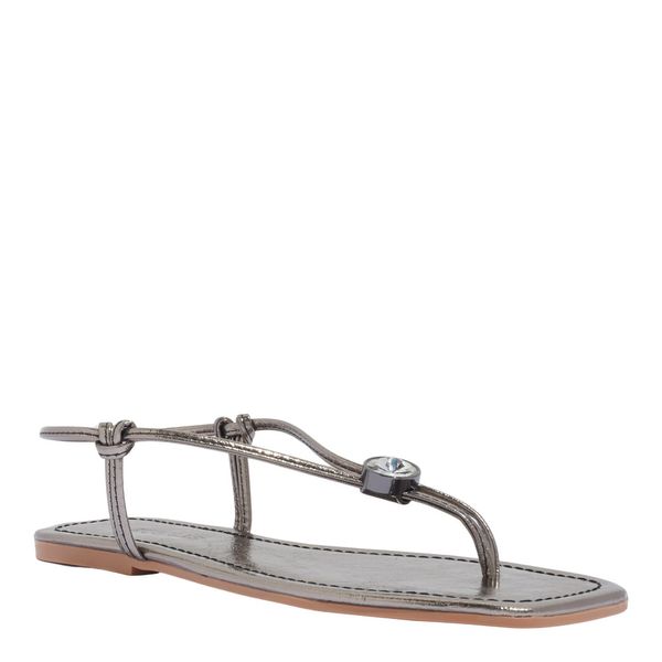 Rasteira Metalizada Prata Pewter Pedraria Bico Quadrado