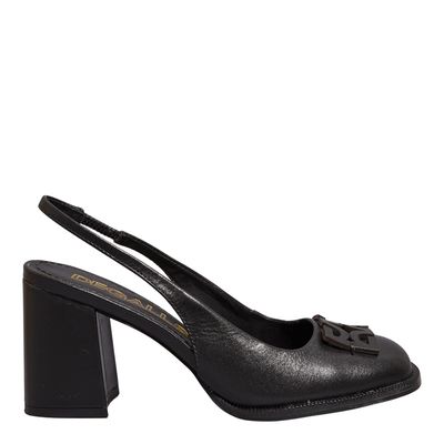 Scarpin Slingback Couro Preto Bico Quadrado Monograma