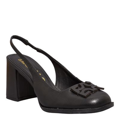 Scarpin Slingback Couro Preto Bico Quadrado Monograma