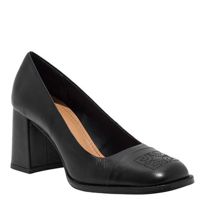 Scarpin Couro Soft Bico Quadrado Monograma Preto