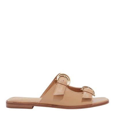 Rasteira Couro Caramelo Bico Quadrado Fivelas