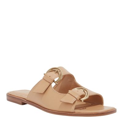 Rasteira Couro Caramelo Bico Quadrado Fivelas