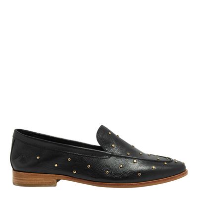 Mocassim Couro Plume Preto Bico Redondo Tachas