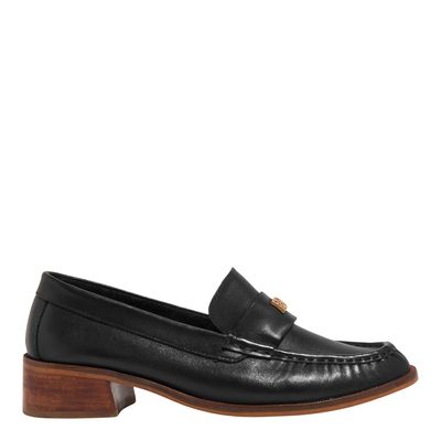 Mocassim Couro Salto Baixo Preto Monograma