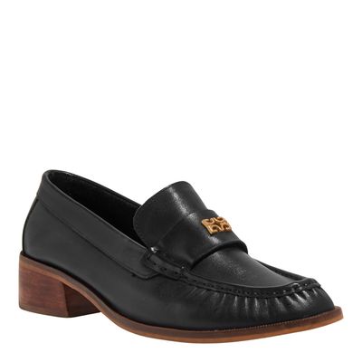 Mocassim Couro Salto Baixo Preto Monograma