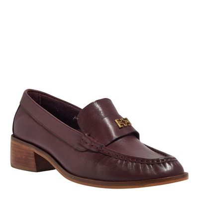 Mocassim Couro Salto Baixo Bordô Monograma