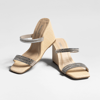 Sandália Mule Anabela Ráfia Brilho Cristal Prata