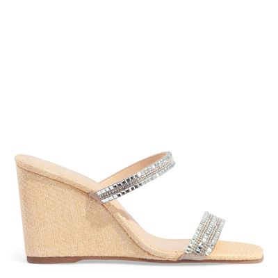 Sandália Mule Anabela Ráfia Brilho Cristal Prata