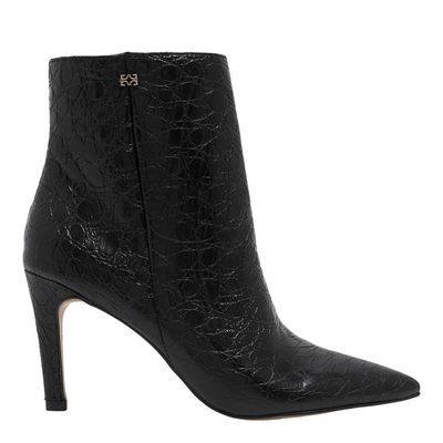 Bota Bico Fino Couro Croco Preto Cano Médio