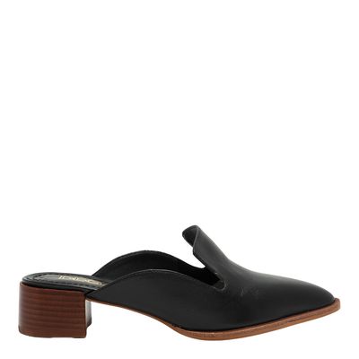 Mule Couro Salto Bloco Preto Recortes