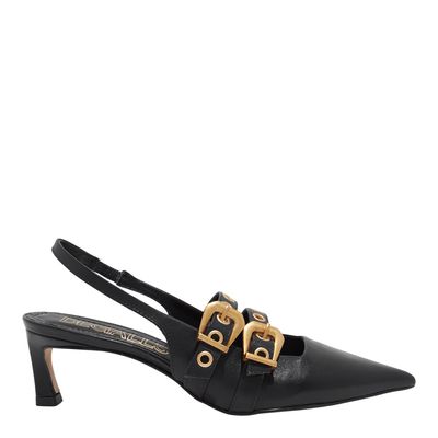 Scarpin Slingback Couro Preto Bico Fino Fivela