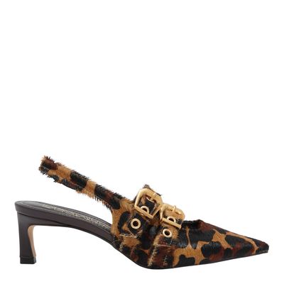 Scarpin Slingback Couro Pêlo Leopardo Bico Fino