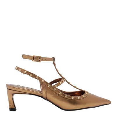 Scarpin Couro Crystal Bronze Salto Baixo Tachas