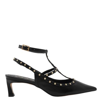 Scarpin Couro Crystal Preto Salto Baixo Tachas