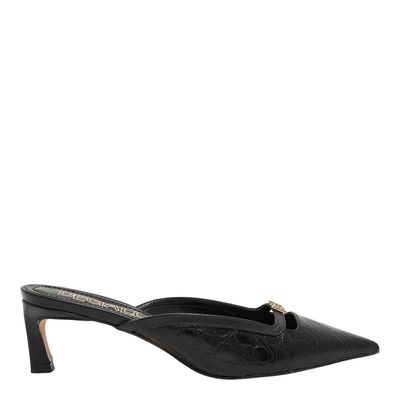 Mule Couro Croco Preto Bico Fino Monograma