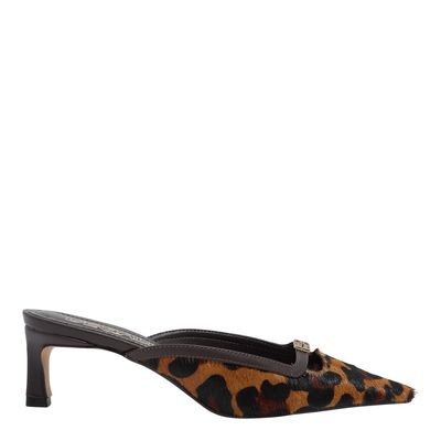 Mule Couro Estampa Pelô Leopardo Bico Fino