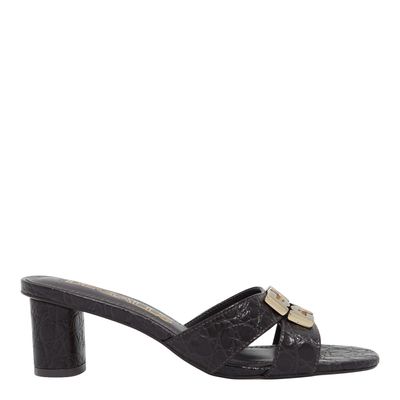 Mule Croco Preto Bico Quadrado Monograma