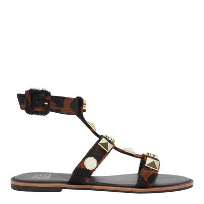 Rasteira Couro Pêlo Estampa Animal Print Spikes