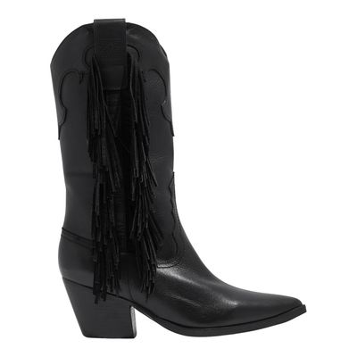 Bota Western Couro Preta Cano Alto Franja