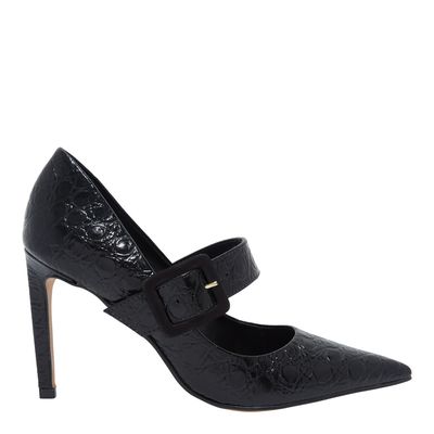 Scarpin Salto Alto Couro Croco Preto Fivela
