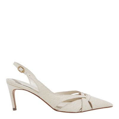 Scarpin Couro Croco Off White Bico Fino