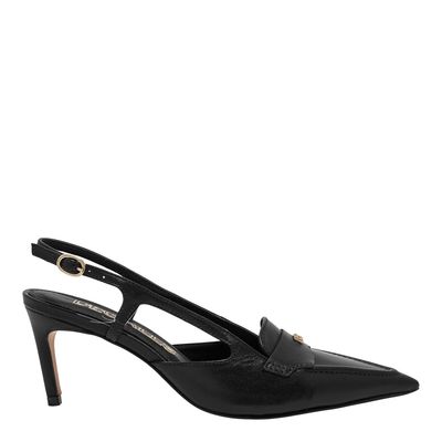 Scarpin Couro Preto Bico Fino Recortes Monograma