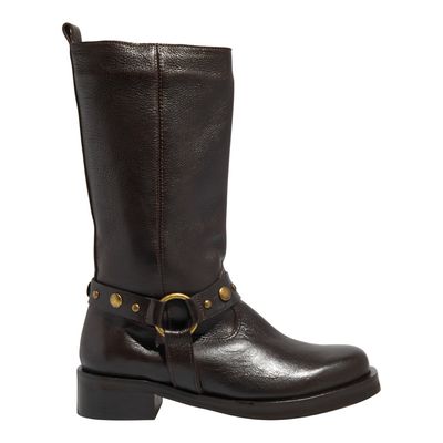 Bota Couro Plume Marrom Cano Médio Tachas