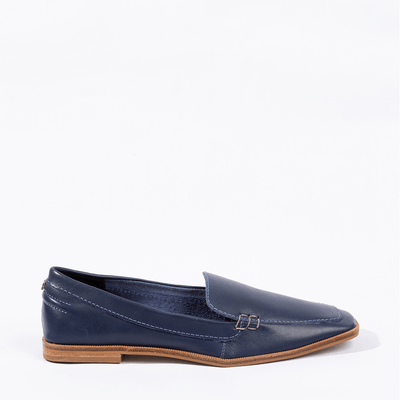 Mocassim Couro Azul Marinho Salto Bloco