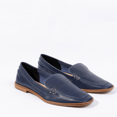 Mocassim Couro Azul Marinho Salto Bloco