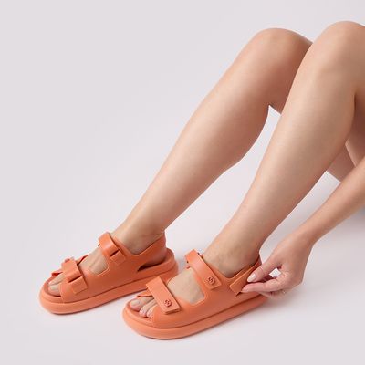 Sandália Papete Borracha Tiras Laranja Coral