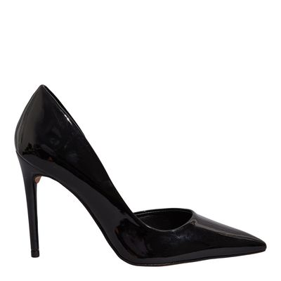 Scarpin Couro Verniz Preto Bico Fino Salto Alto