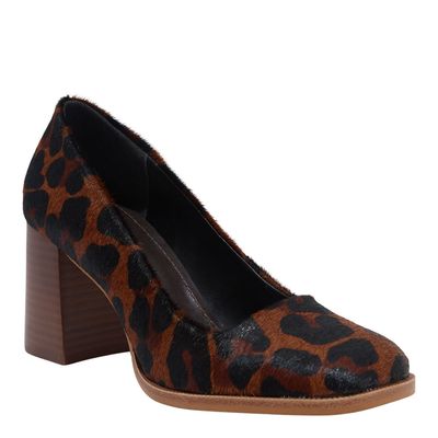 Scarpin Couro Estampa Pêlo Animal Print Salto Grosso