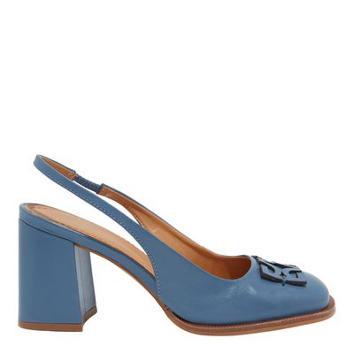 Scarpin Slingback Couro Azul Bico Quadrado Monograma