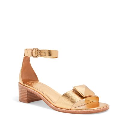 Sandália Couro Crystal Dourada Metalizada Salto Bloco Baixo