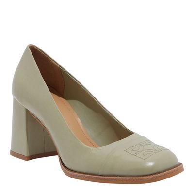 Scarpin Couro Soft Bico Quadrado Monograma Verde