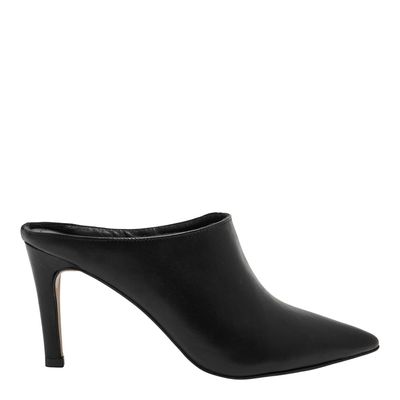 Mule Bico Fino Couro Preto Salto Alto