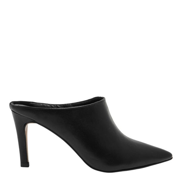 Mule Bico Fino Couro Preto Salto Alto