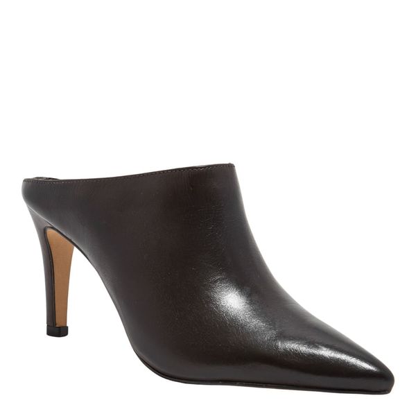 Mule Bico Fino Couro Marrom Salto Alto