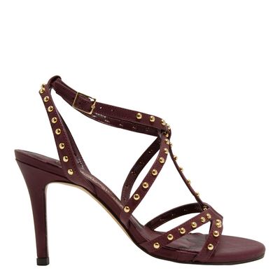 Sandália Couro Bico Redondo Bordô Tachas