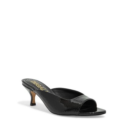 Mule Bico Quadrado Verniz Salto Baixo Preto