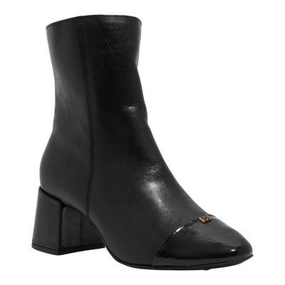 Bota Couro Cano Médio Preto Bico Redondo Monograma