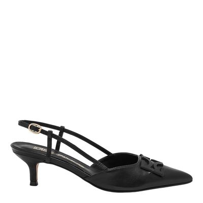 Scarpin Couro Salto Baixo Preto Monograma