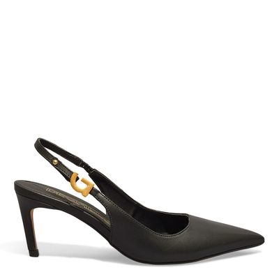 Scarpin Slingback Vegetal Preto Bico Fino Salto Baixo