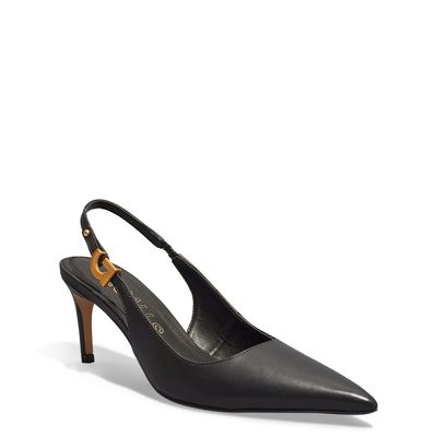 Scarpin Slingback Vegetal Preto Bico Fino Salto Baixo