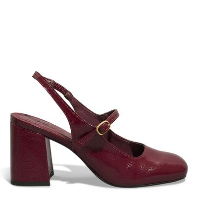 Scarpin Boneca Verniz Molhado Vermelho Malbec Salto Grosso